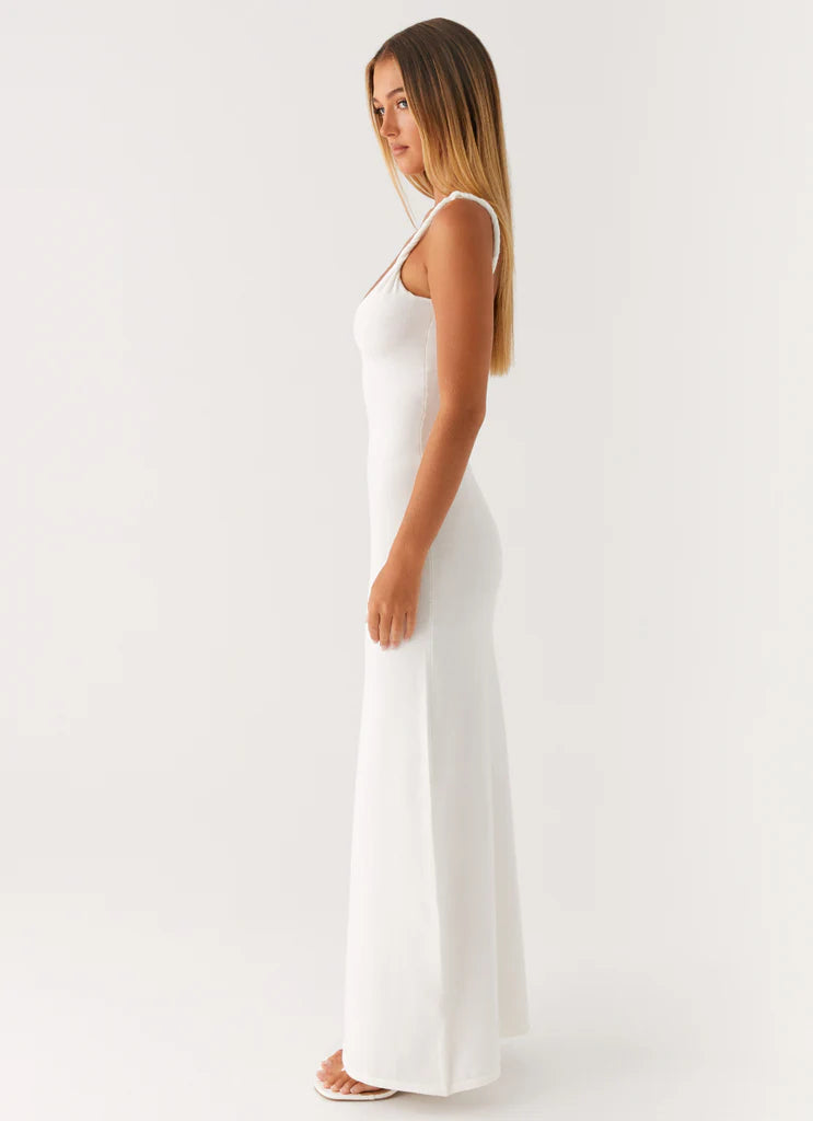 White Ribbed Sleeveless Twisted Strap Maxi Dress For Elegant Casual Party Events
