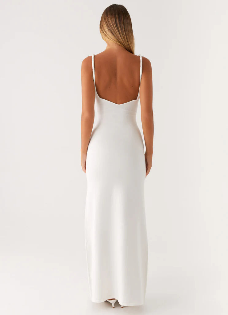 White Ribbed Sleeveless Twisted Strap Maxi Dress For Elegant Casual Party Events