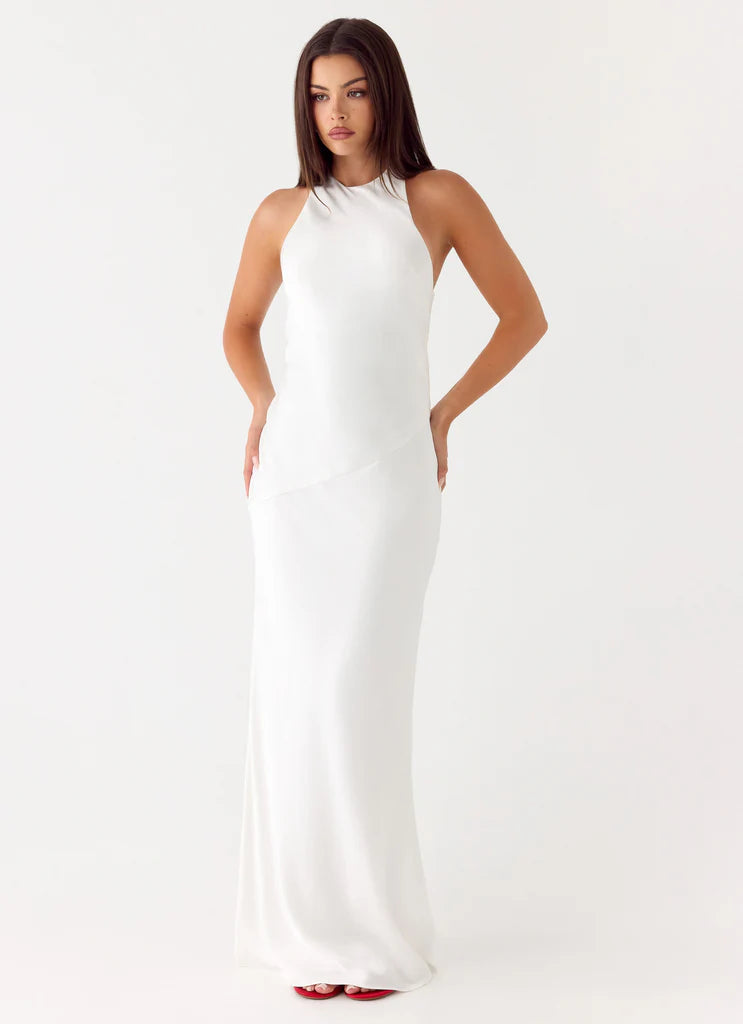 White Satin Halter Neck Backless Tie Maxi Prom Dress For Elegant Formal Events