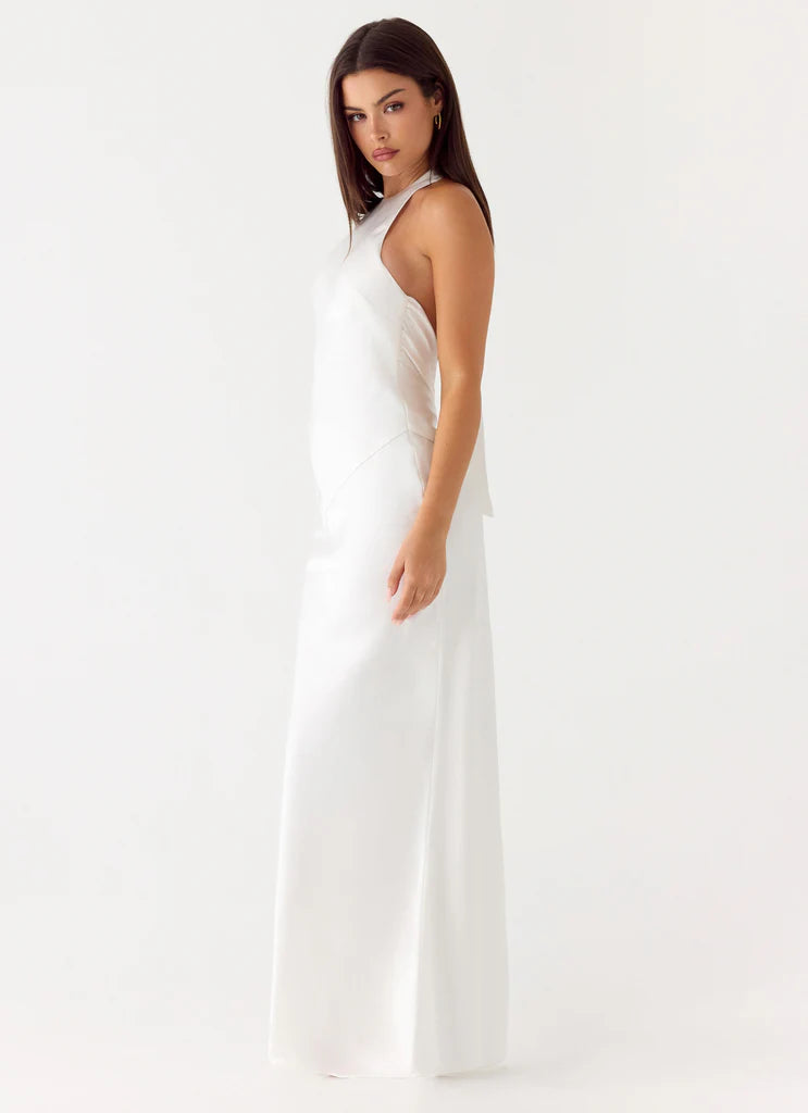 White Satin Halter Neck Backless Tie Maxi Prom Dress For Elegant Formal Events