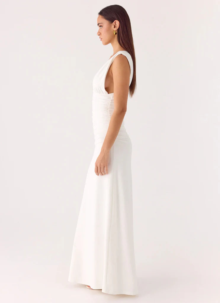 White Sleeveless Deep V Ruched Waist Maxi Prom Dress For Elegant Formal Events