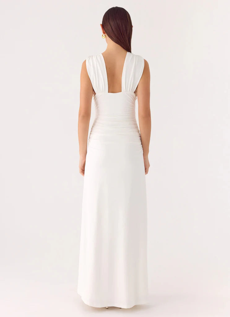 White Sleeveless Deep V Ruched Waist Maxi Prom Dress For Elegant Formal Events