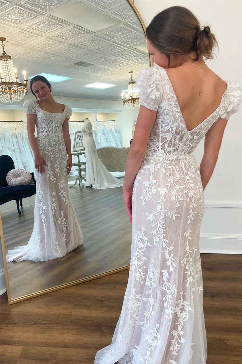 White Square Neck Mermaid Wedding Dress with Puffed Sleeves and Lace Appliqué