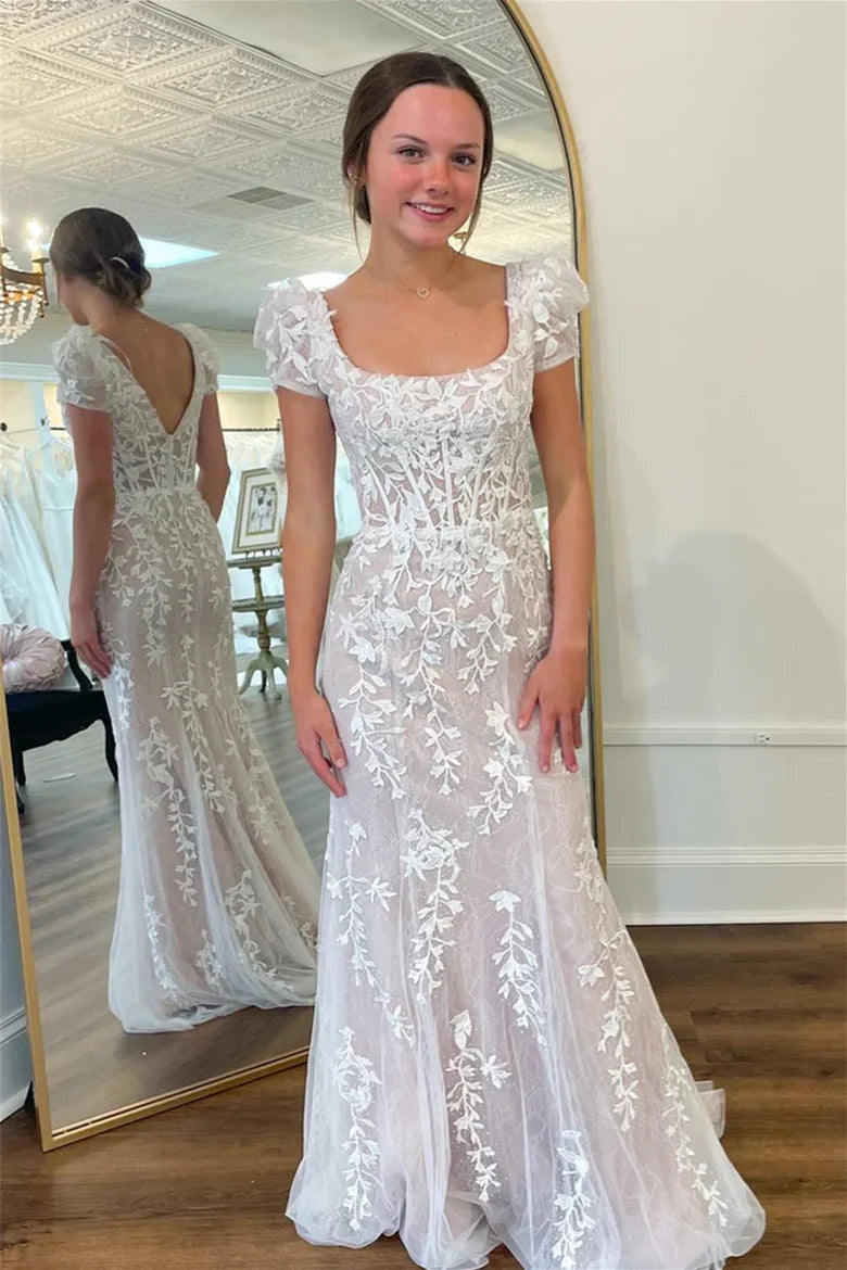 White Square Neck Mermaid Wedding Dress with Puffed Sleeves and Lace Appliqué