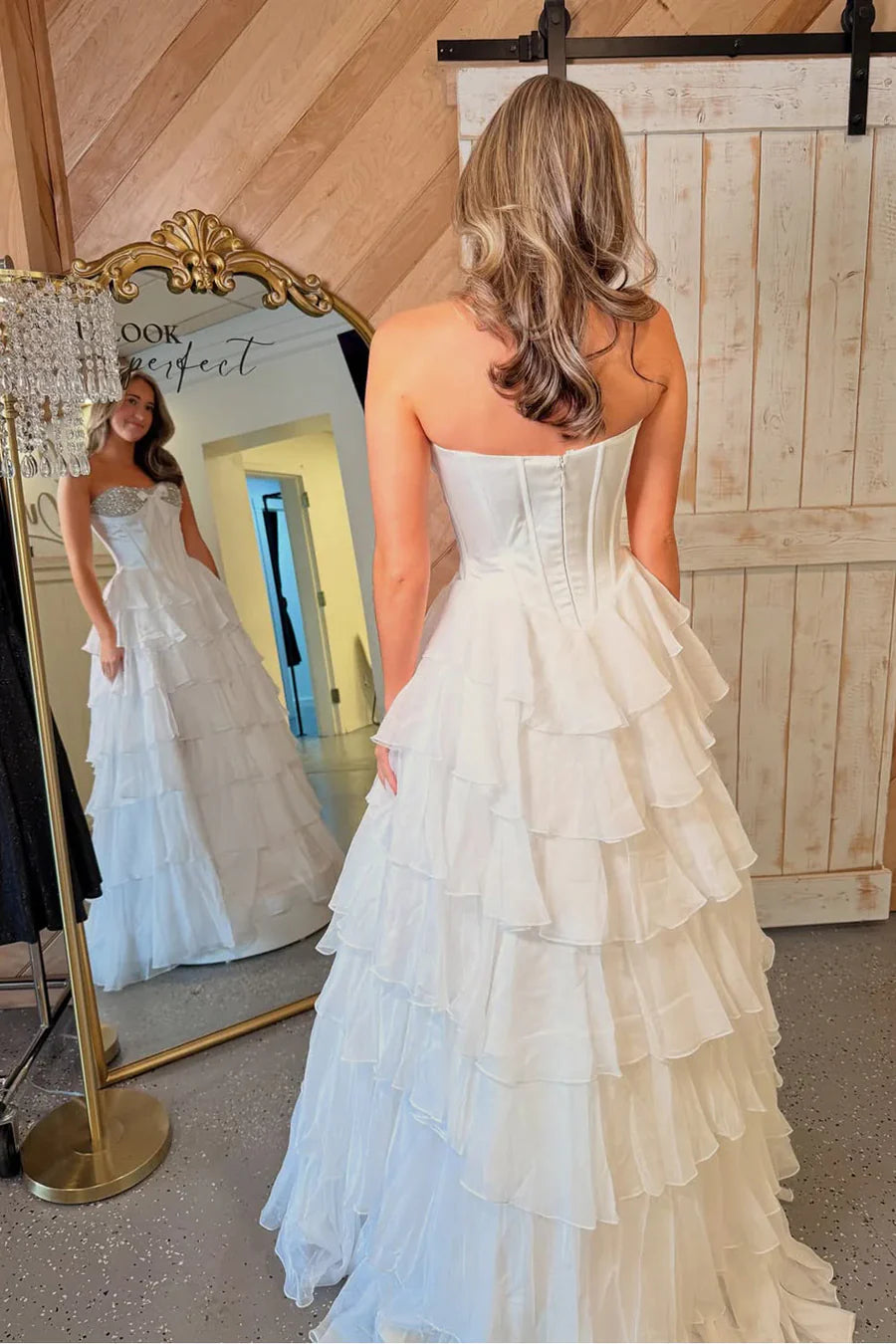 White Strapless Beaded Corset Tiered Ruffle Prom Dress with Slit