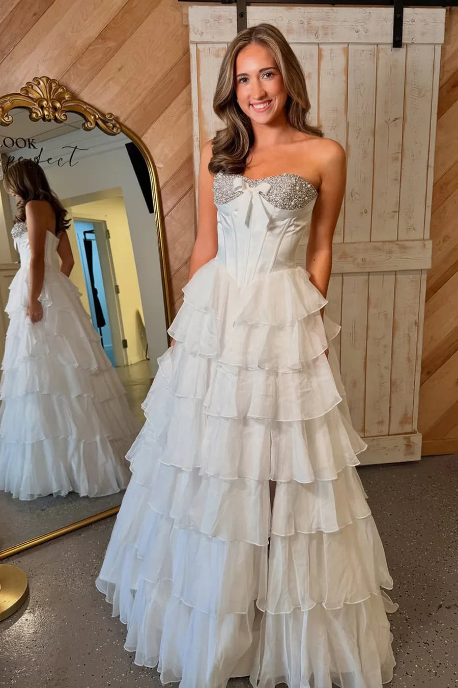 White Strapless Beaded Corset Tiered Ruffle Prom Dress with Slit