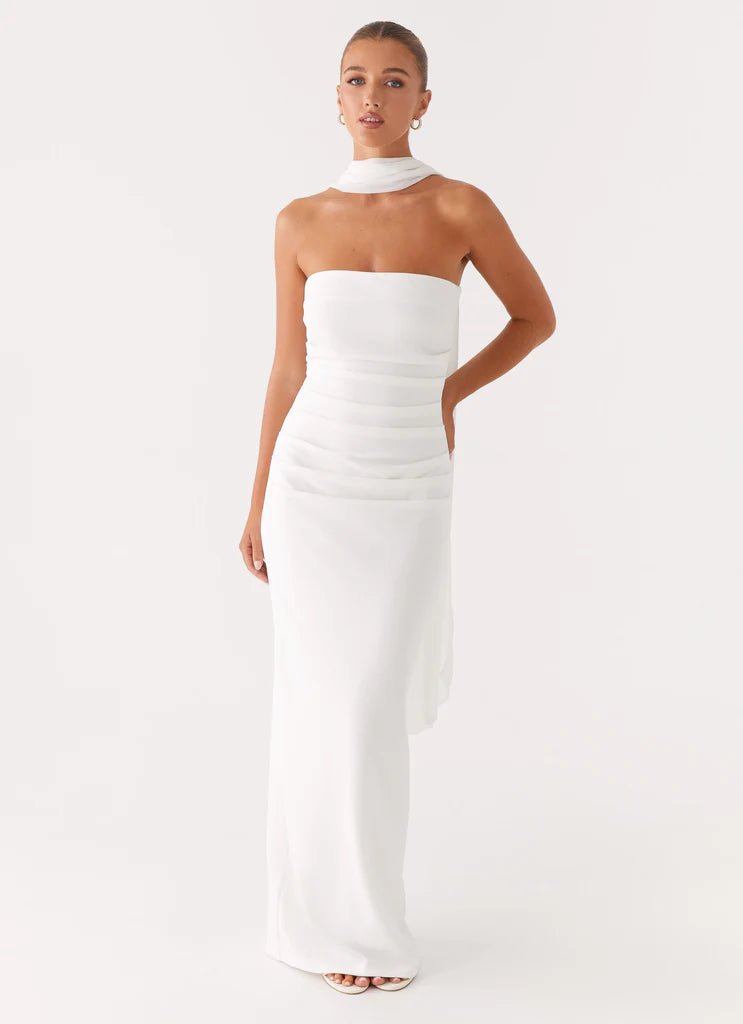 White Strapless Halter Neck Ruched Maxi Bridal Prom Dress For Elegant Formal Evening Events