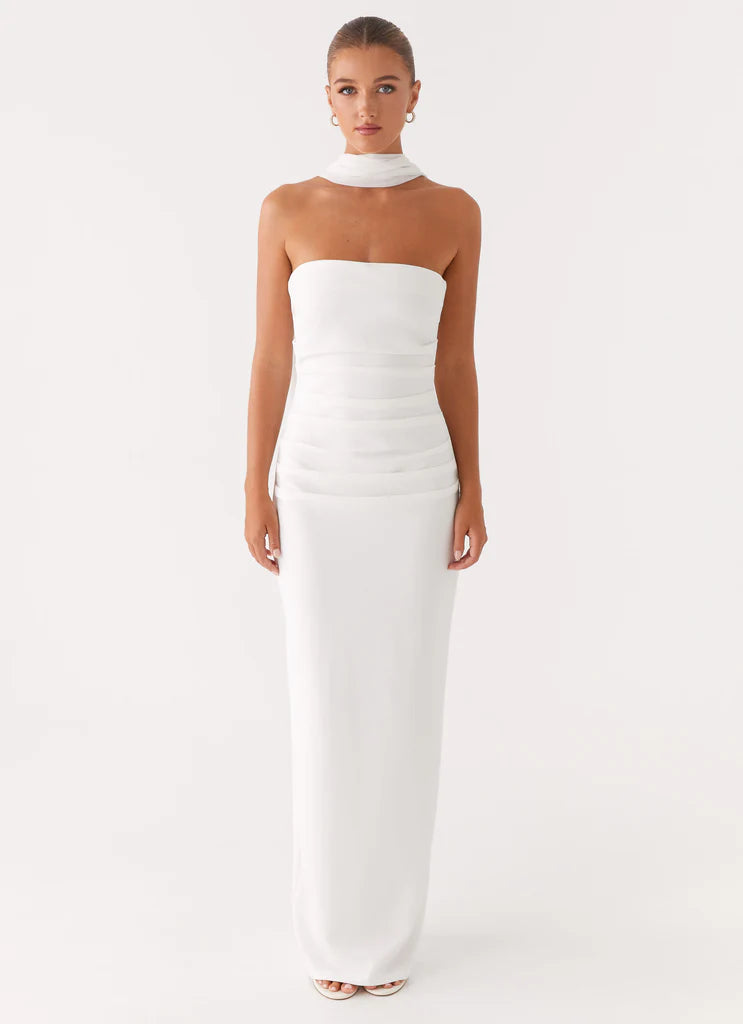 White Strapless Halter Neck Ruched Maxi Bridal Prom Dress For Elegant Formal Evening Events