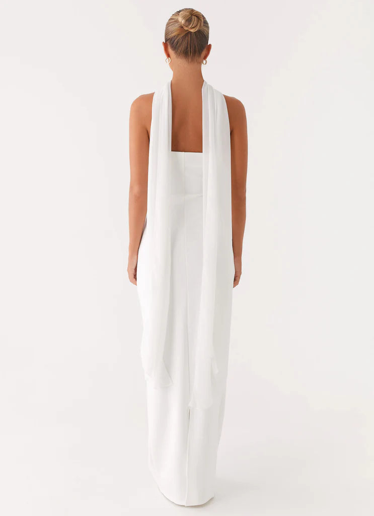 White Strapless Halter Neck Ruched Maxi Bridal Prom Dress For Elegant Formal Evening Events