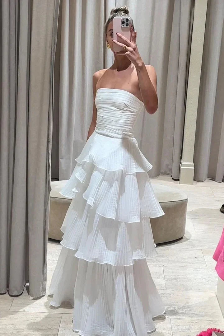 White Strapless Tiered Ruffle Maxi Dress with Ruched Bodice