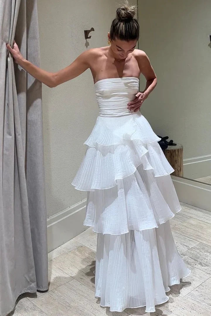 White Strapless Tiered Ruffle Maxi Dress with Ruched Bodice