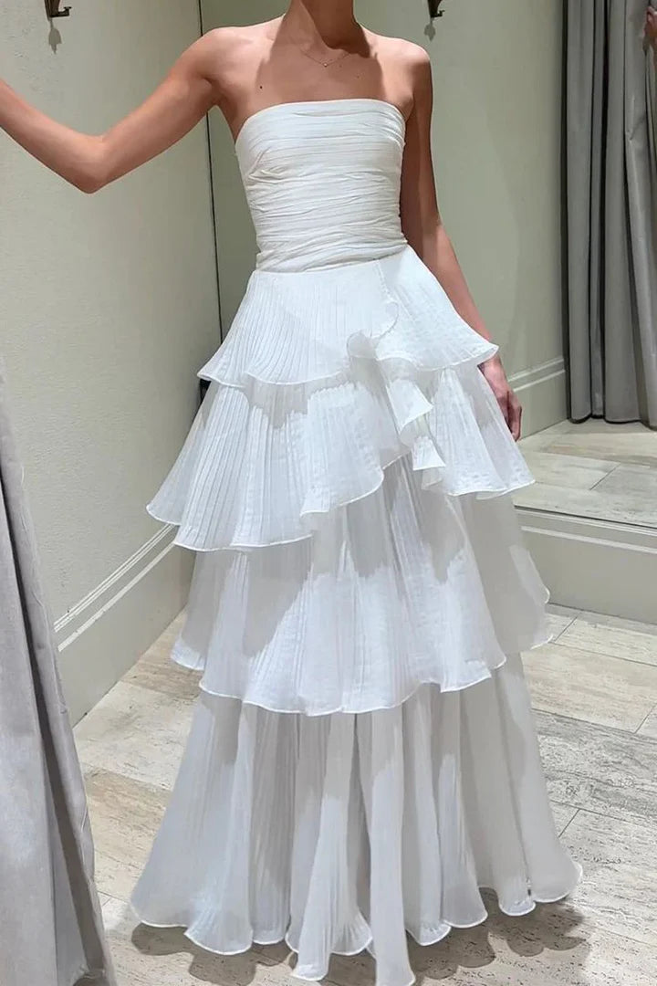 White Strapless Tiered Ruffle Maxi Dress with Ruched Bodice