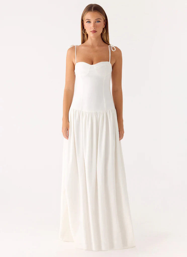 White Tie Shoulder Bustier Drop Waist Maxi Prom Dress For Elegant Evening Events