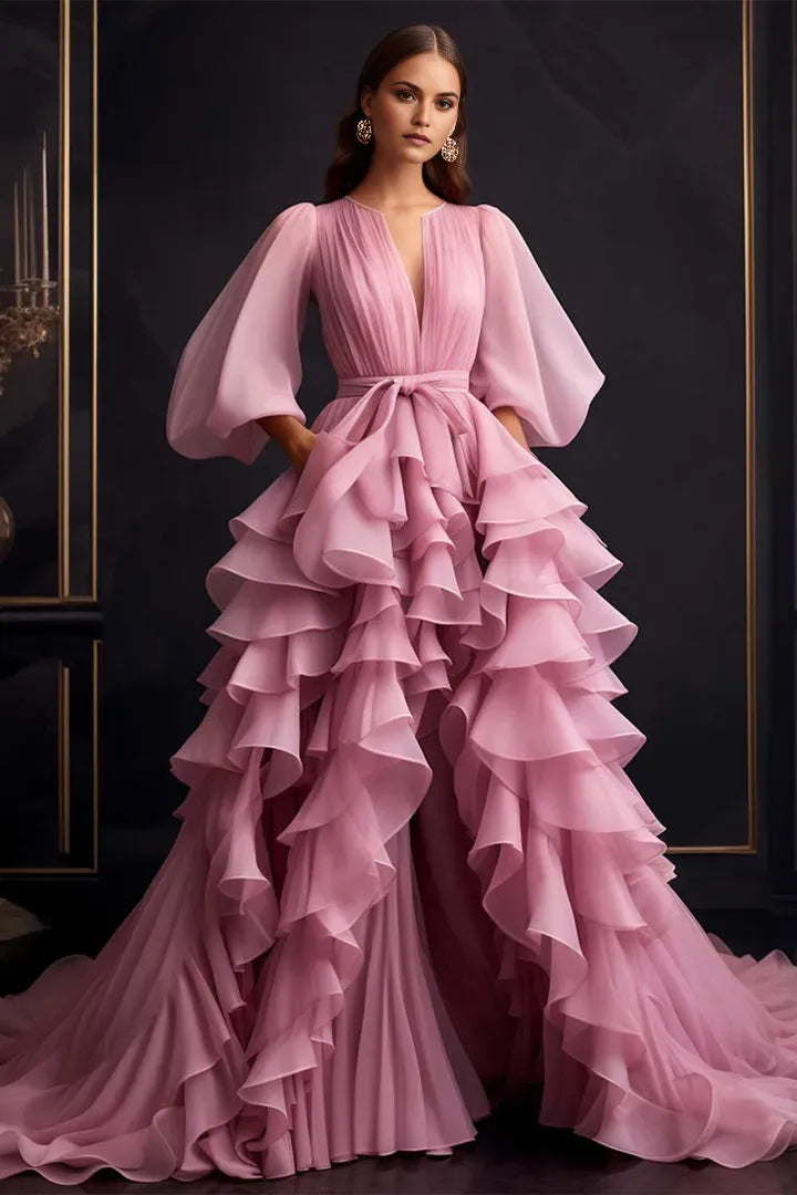 Wonderful Pink A-Line V-Neck Puff Sleeve Flounce Back Zip Sweep/Brush Train Prom Dresses Hot Sale