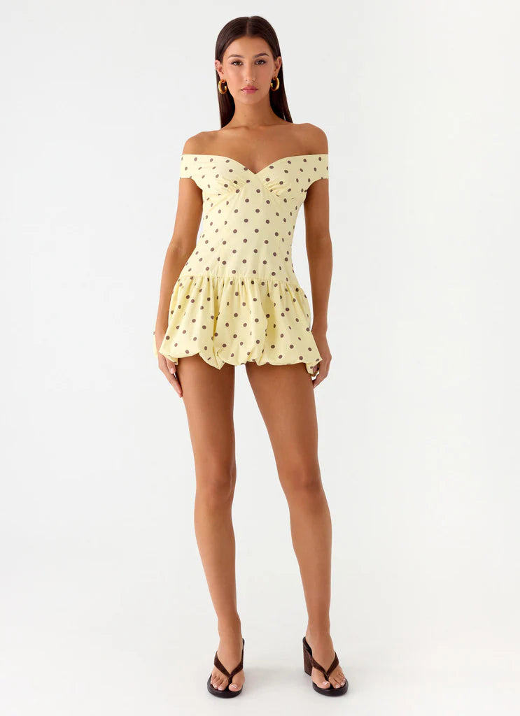 Yellow Brown Polka Dot Off Shoulder Backless Ruffle Mini Dress For Elegant Casual Party Events