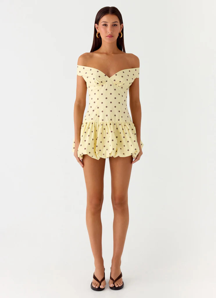 Yellow Brown Polka Dot Off Shoulder Backless Ruffle Mini Dress For Elegant Casual Party Events