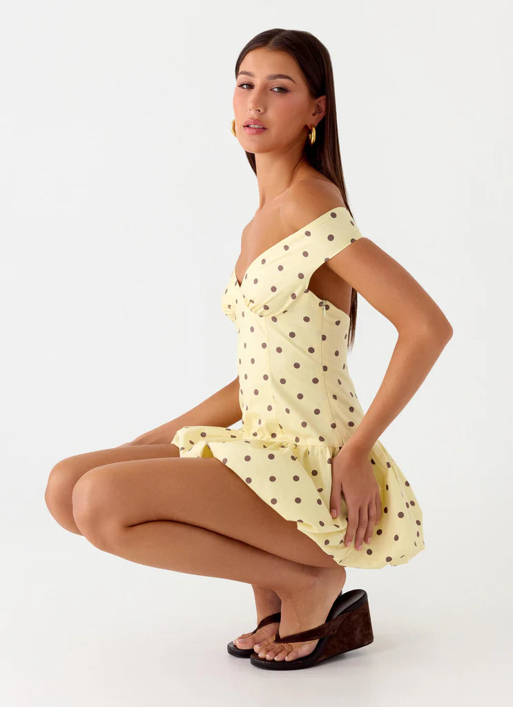 Yellow Brown Polka Dot Off Shoulder Backless Ruffle Mini Dress For Elegant Casual Party Events