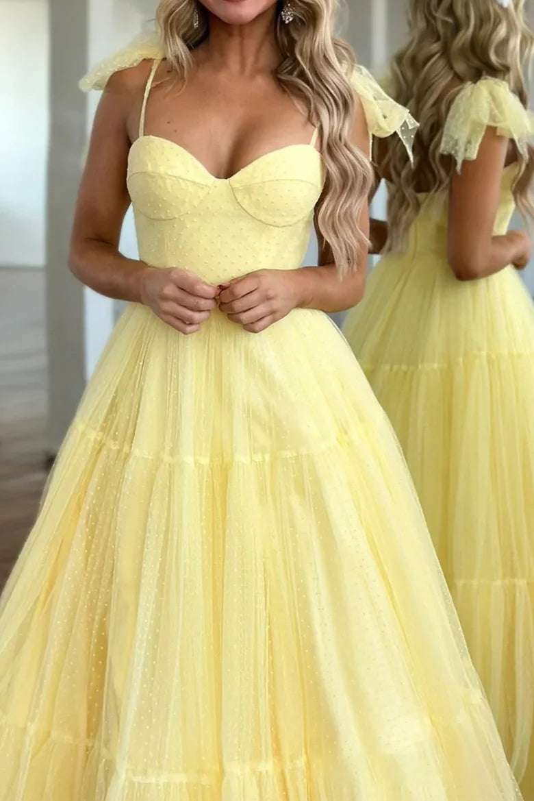 Yellow Dot Tulle Ball Gown with Sweetheart Neckline & Ruffle Shoulder Straps