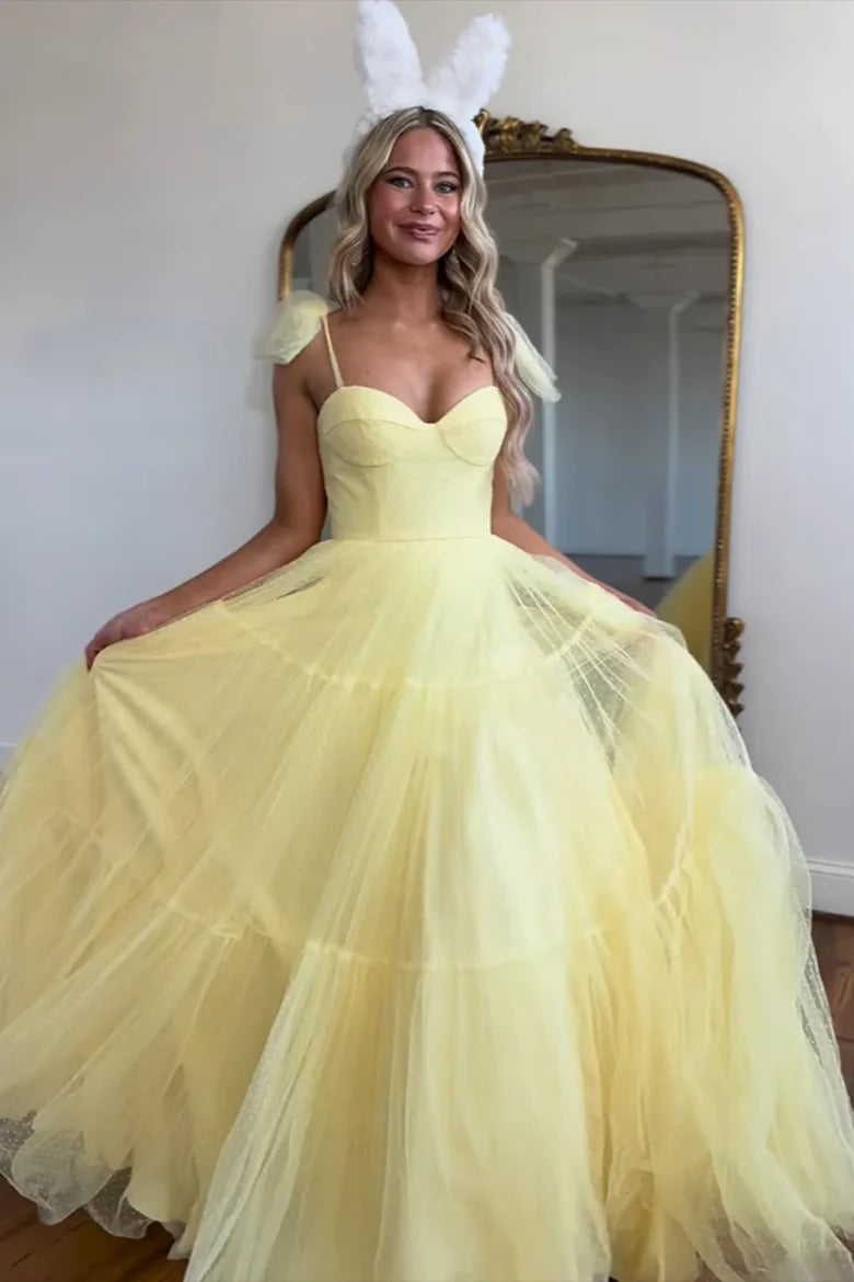 Yellow Dot Tulle Ball Gown with Sweetheart Neckline & Ruffle Shoulder Straps