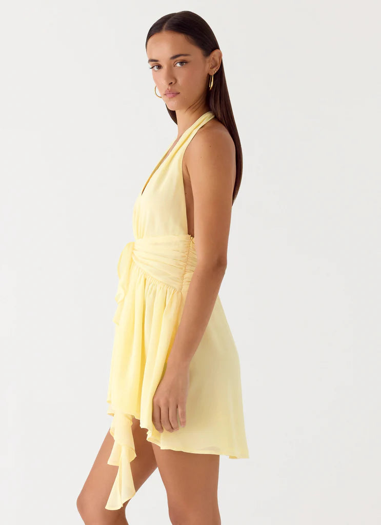Yellow Halter Neck Backless Ruffle Tie Mini Dress For Elegant Casual Party Events