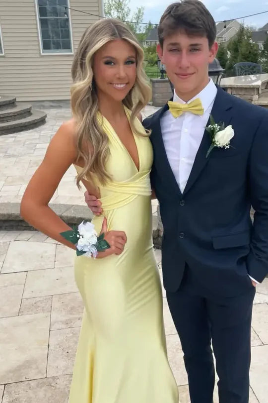 Yellow Halter Satin Mermaid Prom Dress with Open Back and Tie Detail