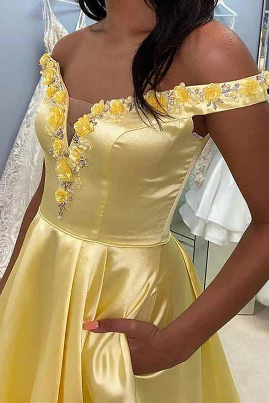 Yellow Off-the-Shoulder Satin Prom Dress with 3D Floral Appliqué and Pockets