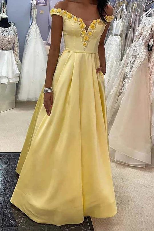 Yellow Off-the-Shoulder Satin Prom Dress with 3D Floral Appliqué and Pockets