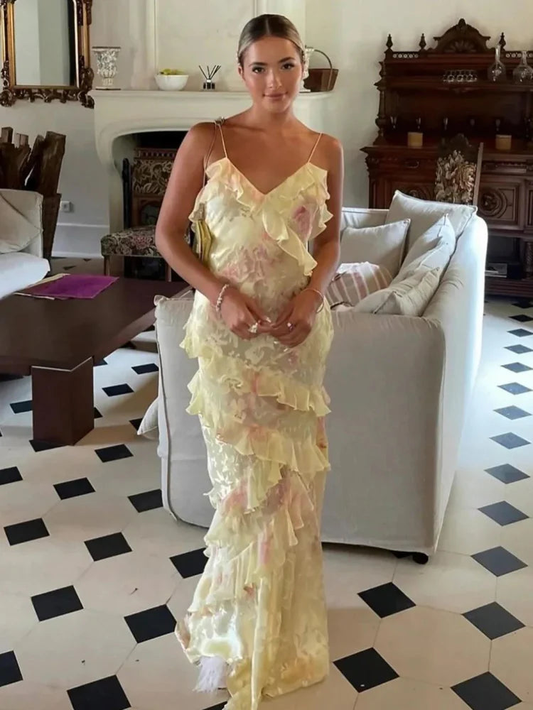 Yellow Pink Floral Ruffled Spaghetti Strap Backless Maxi Prom Dress