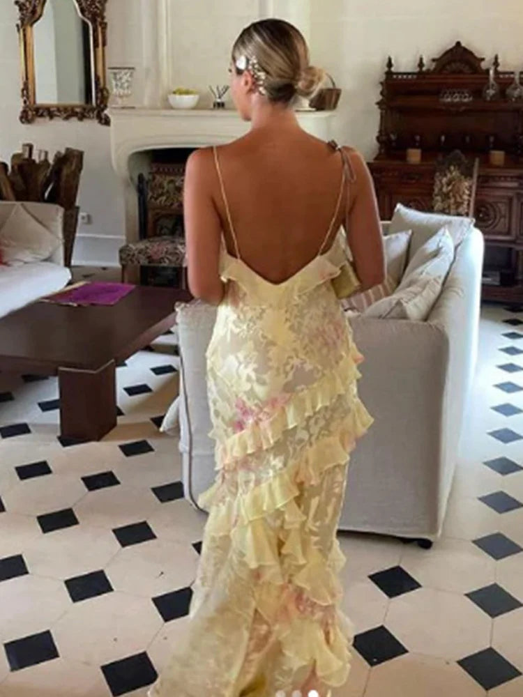 Yellow Pink Floral Ruffled Spaghetti Strap Backless Maxi Prom Dress