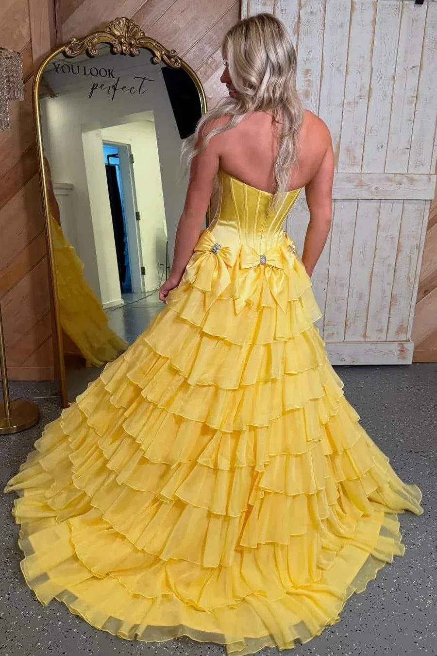 Yellow Satin Strapless Tiered Ruffle Prom Dress with Rhinestone Bow