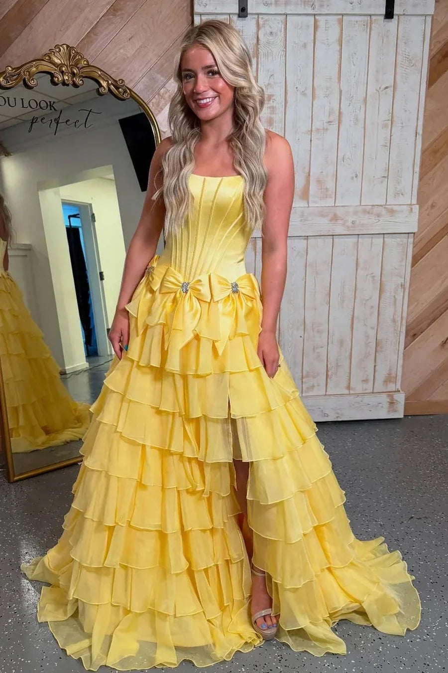 Yellow Satin Strapless Tiered Ruffle Prom Dress with Rhinestone Bow