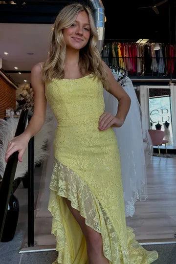 Yellow Spaghetti Strap Lace Prom Dress with High Slit and Lace-Up Back