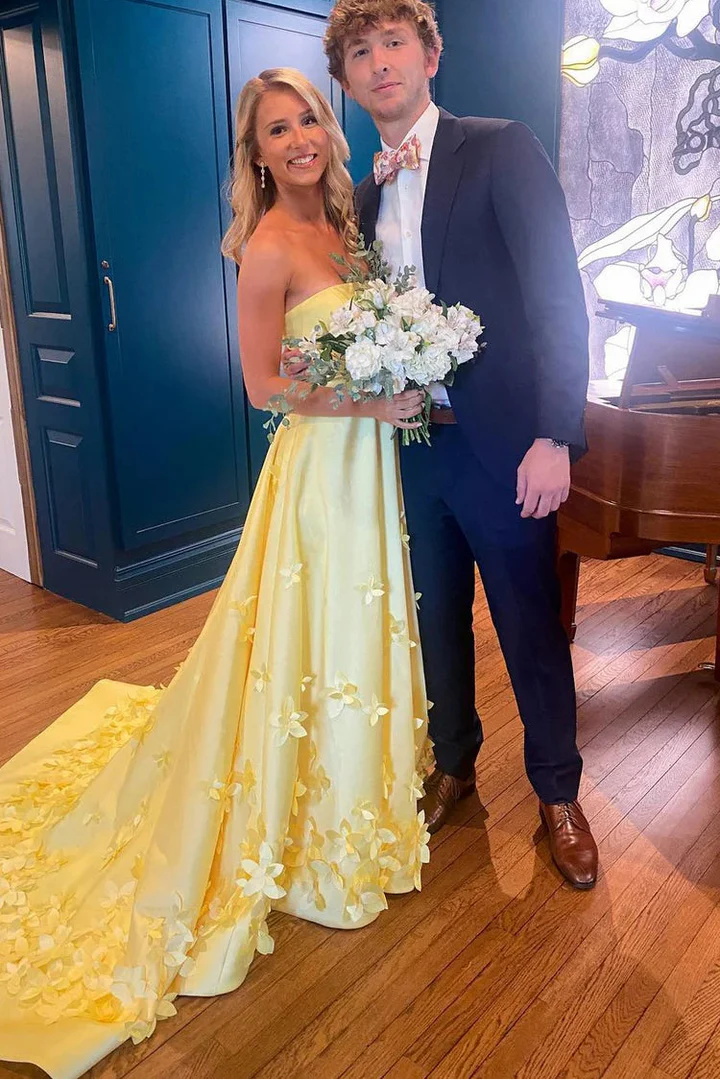 Yellow Strapless 3D Floral Applique Ball Gown Prom Dress with Train