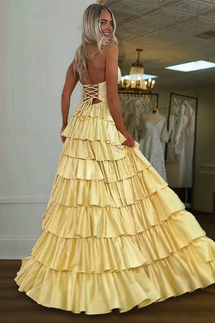 Yellow Strapless Cutout Ruffled Tiered Maxi with Lace-Up Back Prom Dress