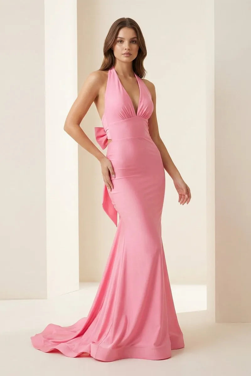 Vibrant Mermaid Halter-Neck Sleeveless Bow-Back Floor-Length Prom Dress