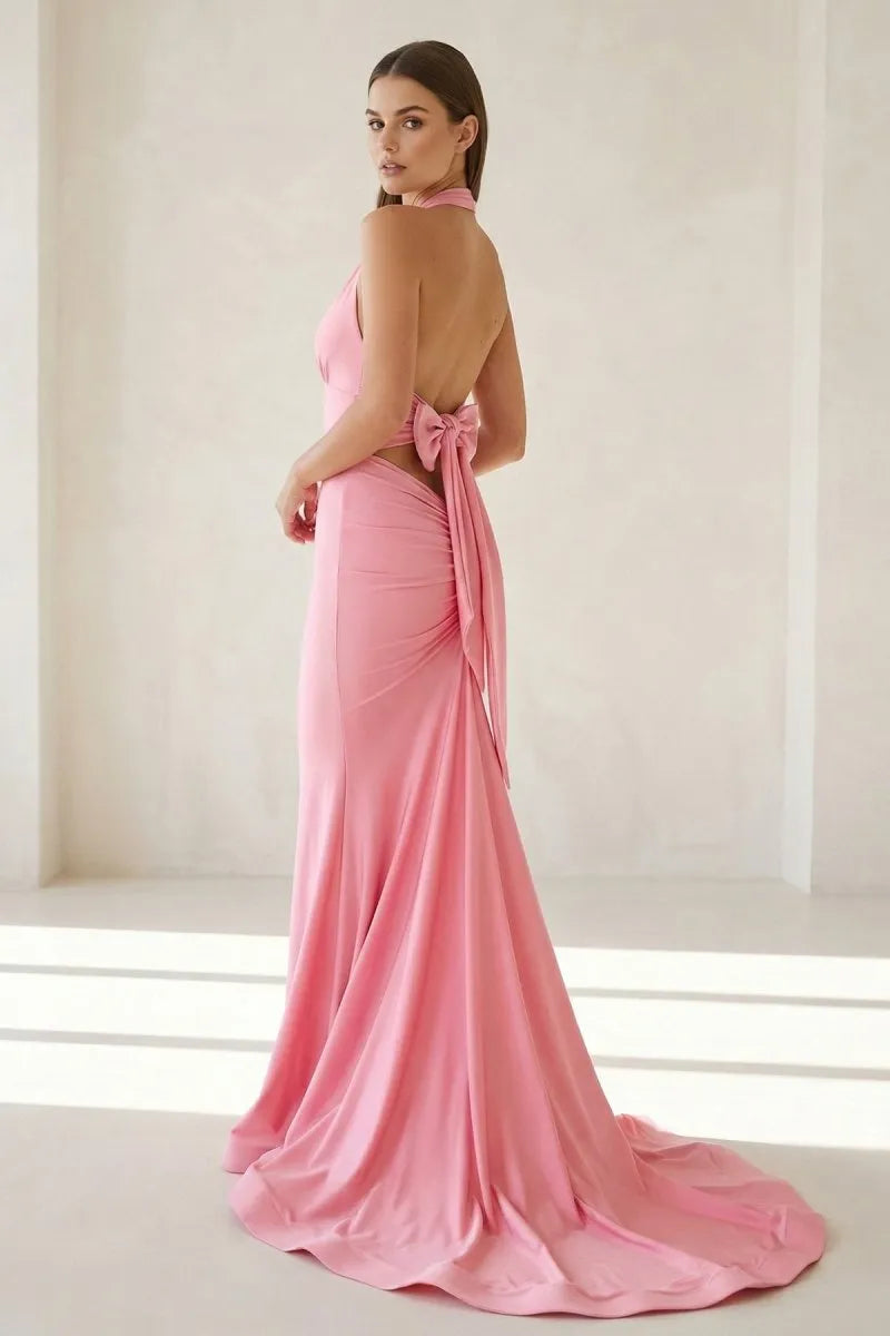 Vibrant Mermaid Halter-Neck Sleeveless Bow-Back Floor-Length Prom Dress