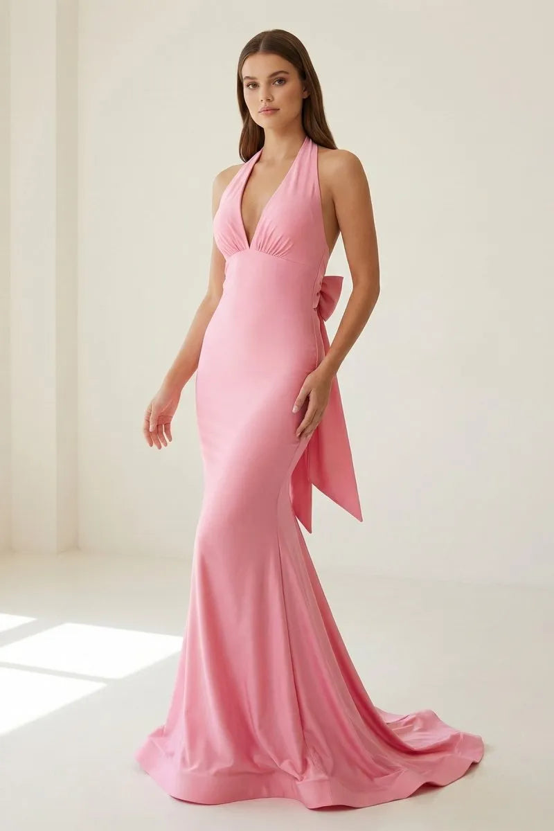 Vibrant Mermaid Halter-Neck Sleeveless Bow-Back Floor-Length Prom Dress