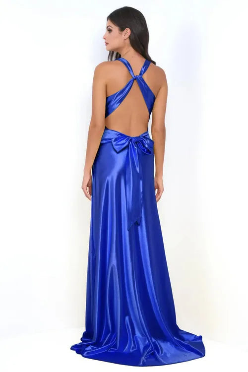 Elegant Sheath Deep V Neck Halter Bow Back Floor-Length Prom Dresses