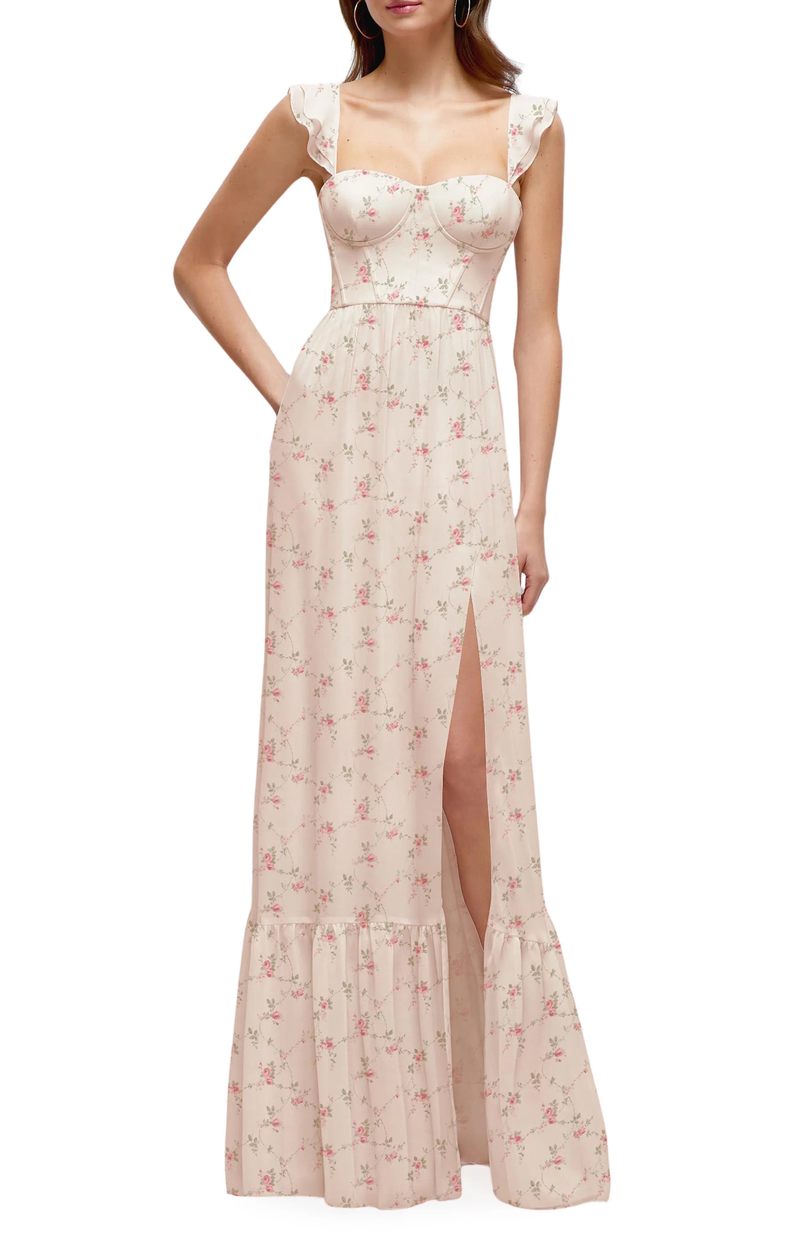 Romantic A-Line Sweetheart Ruffle-Sleeve Floral-Print Floor-Length Formal Prom Dresses