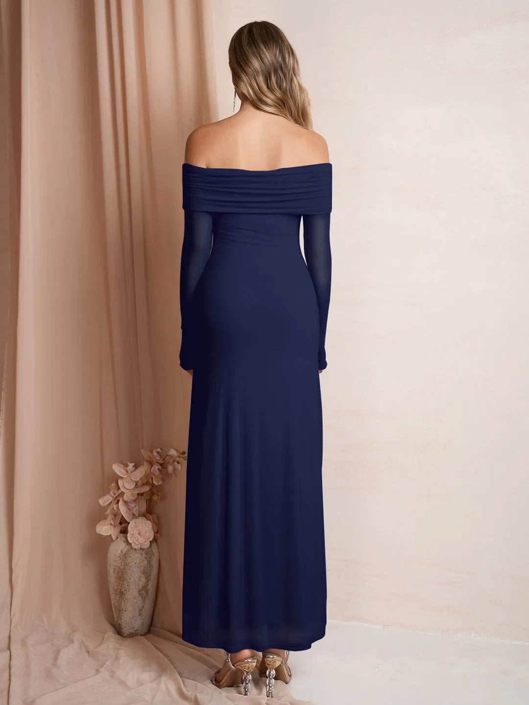 Elegant Fitted Off-the-Shoulder Sheer Long Sleeve Floor-Length Prom Dresses