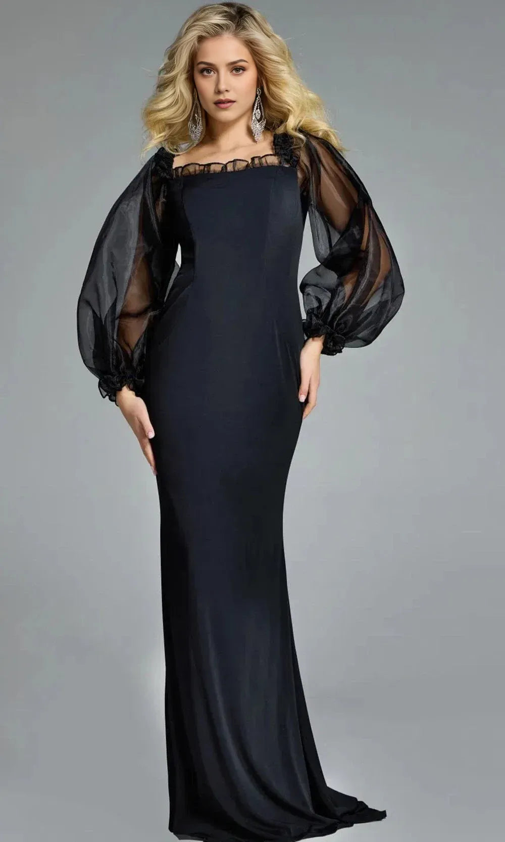 Elegant Mermaid Square Neckline Sheer Puff Sleeve Ruffle Fitted Bodice Floor-Length Mother of the Bride Dress