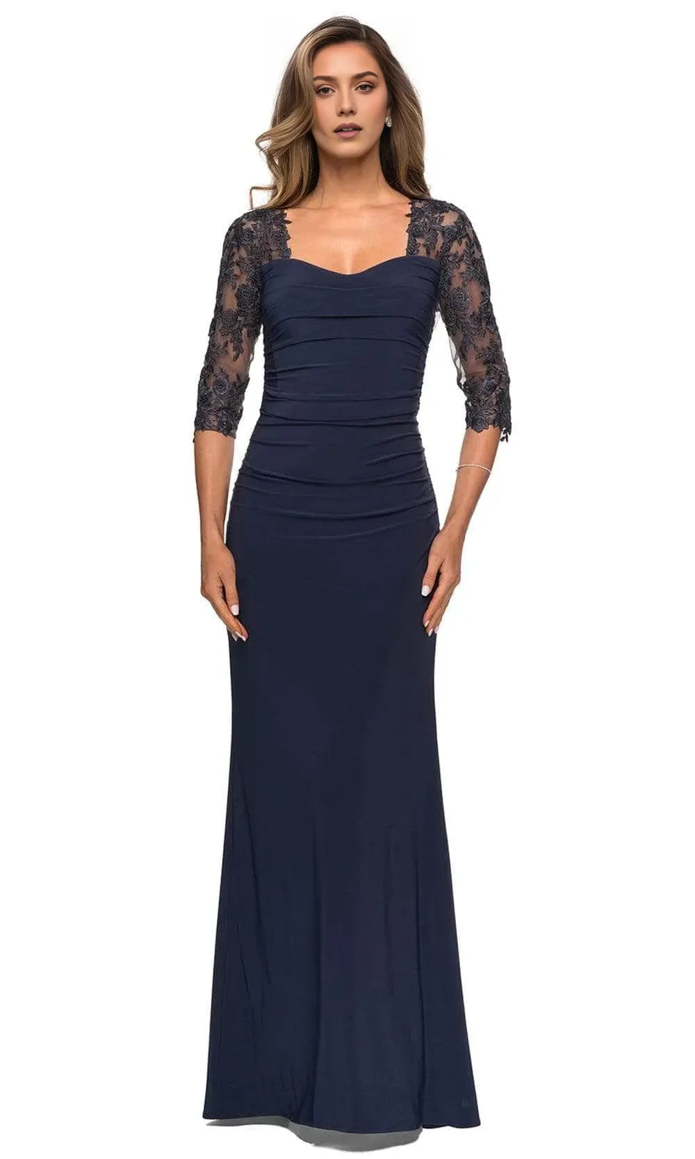 Elegant Sheath V Neck 3/4 Sleeve Lace Embellished Ruched Back Zip Floor-Length Mother of the Bride Dress