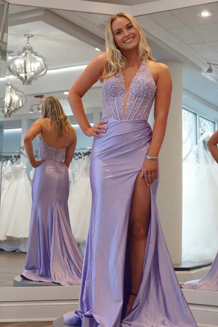 Elegant Mermaid Halter Neck Sleeveless Corset Lace Back Zip Floor-Length Slit Prom Dress with Appliques