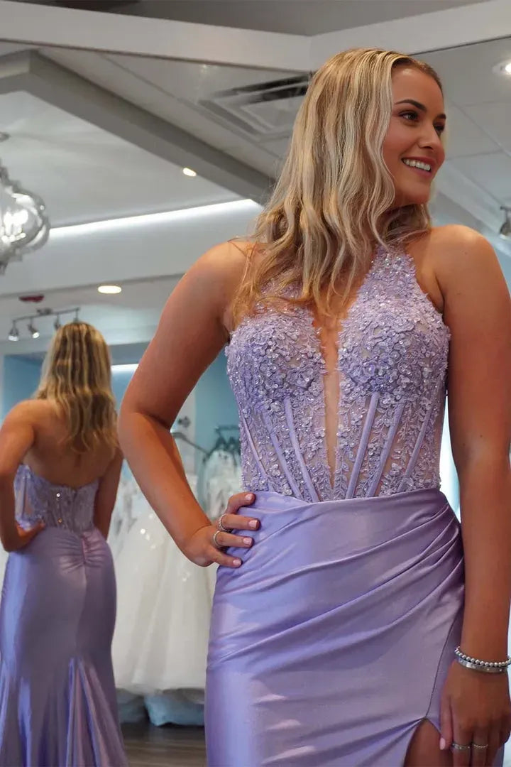 Elegant Mermaid Halter Neck Sleeveless Corset Lace Back Zip Floor-Length Slit Prom Dress with Appliques