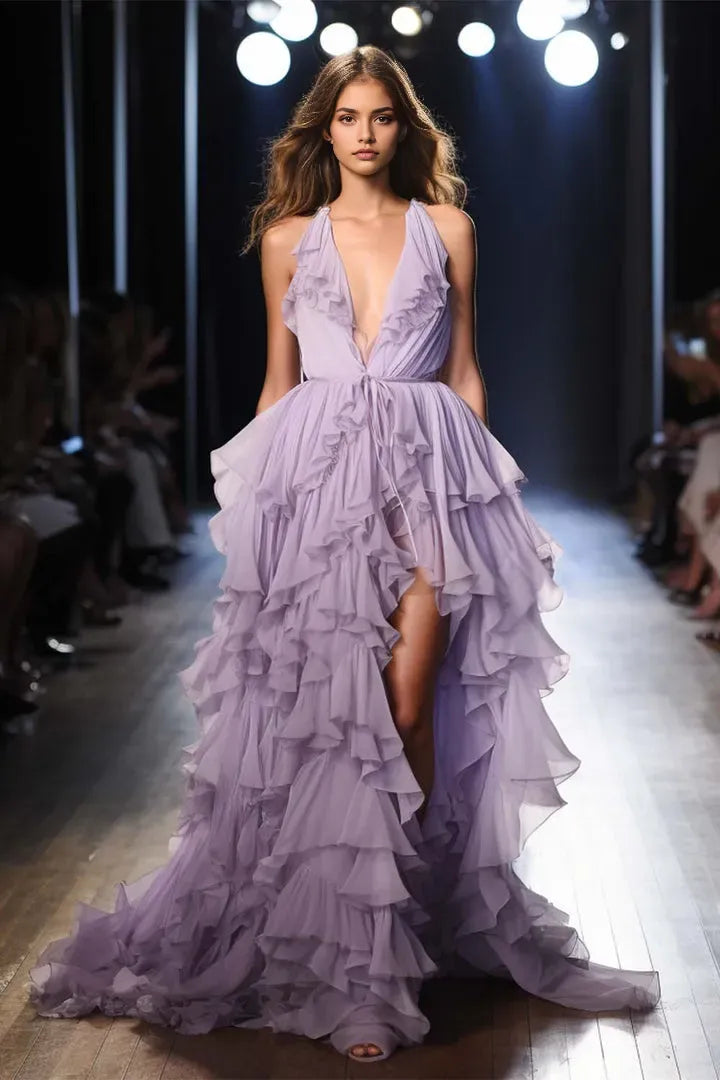 Gorgeous Ruffled A-Line Deep V-neck Sleeveless Ruffle Open-Back Lace Up Floor -Length Prom Dress with Slit