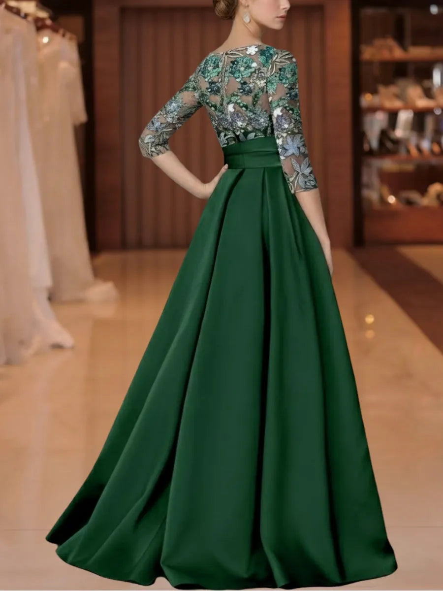 Elegant Flowy Crew Neck Half-Sleeve Lace-Back Floor-Length Mother Of The Bride Dresses