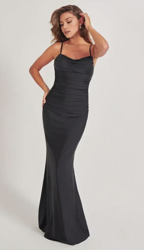 Simple Black Mermaid Cowl Neck Spaghetti Straps Open-Back Floor-Length Ruched Bodice Satin Prom Dresses