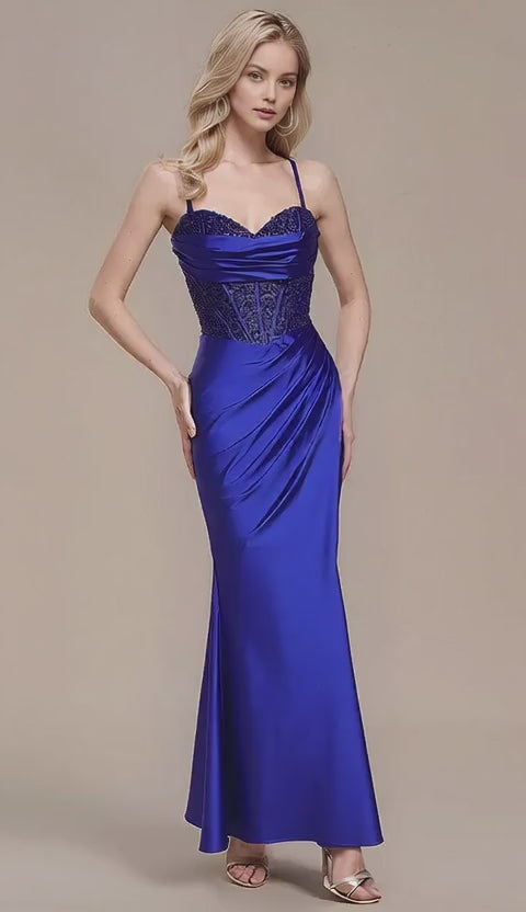 Elegant Sapphire Blue Mermaid Plunge Neck Sleeveless Beading Crisscross Back Floor-length Satin Prom Dresses