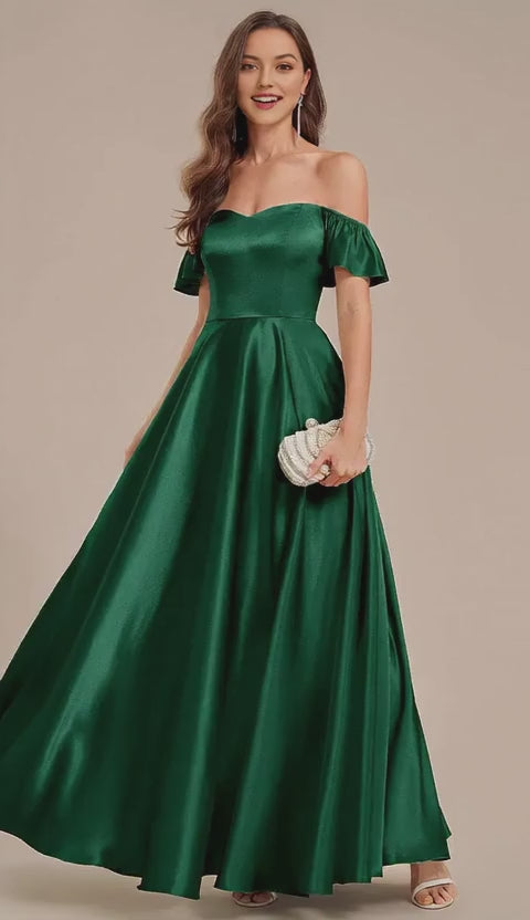 Romantic Dark Green A-Line Off-Shoulder Ruffle Sleeve Ruffled Lace-Up Back Satin Floor-Length Prom Dresses