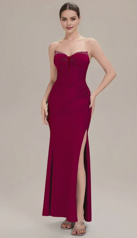 Romantic Burgundy Mermaid Strapless Sleeveless Ruched Bodice Lace-Up Back Floor-length High Slit Prom Dresses